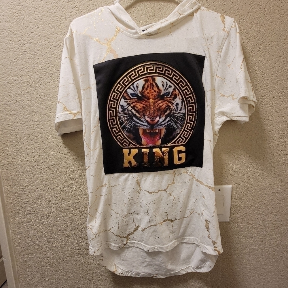 Bare Fox King Bangel Tiger King Hooded Short Sleeve Shirt White Size Large